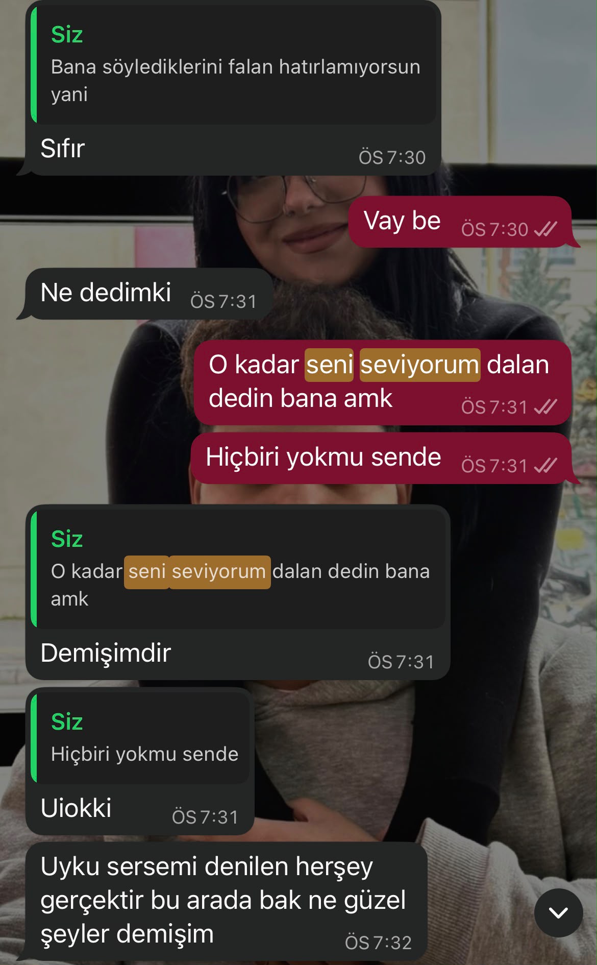 11 Şubat'ta uykuda söylenen ilk seni seviyorum ile ilgili konuşma ekran görüntüsü